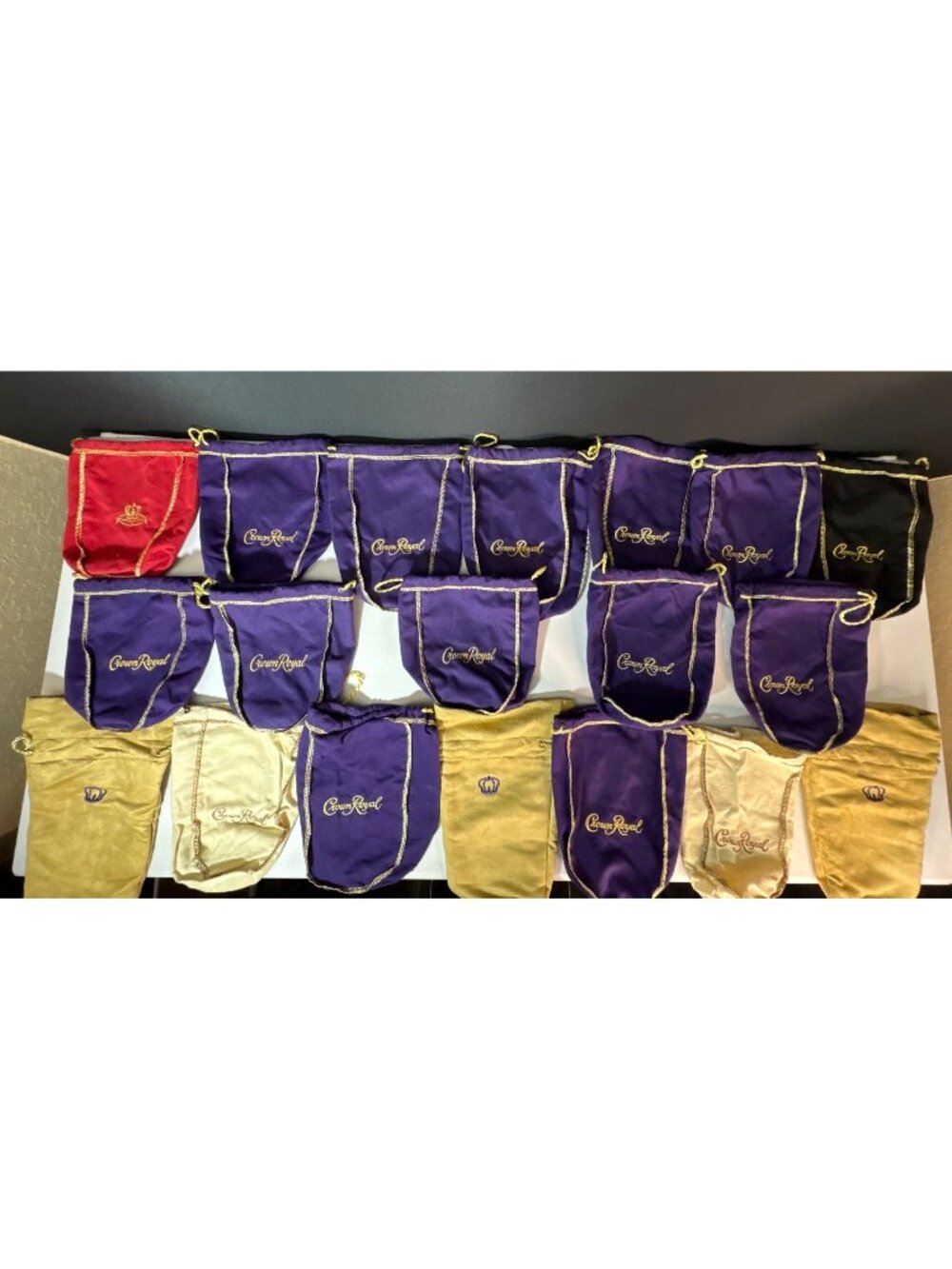 Lot of 19 Crown Royal Drawstring Bags Purple Gold Black Cream Red Assorted Sizes